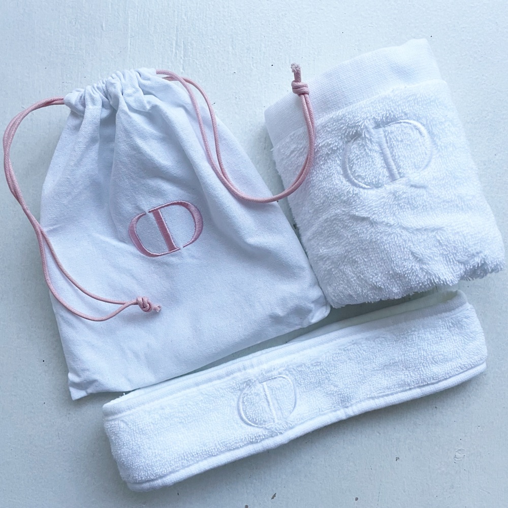 Dior Logo Cotton Towel & Headband Set w/Drawstring Bag
